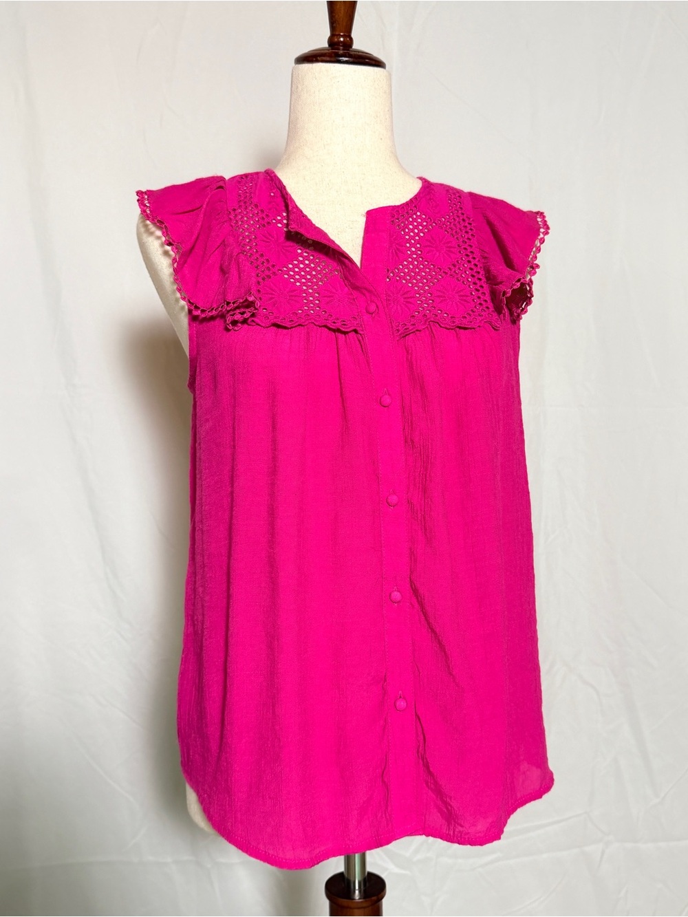 Nanette Lepore Sleeveless Fuchsia Button-Front Blouse with Crochet Yoke ruffle